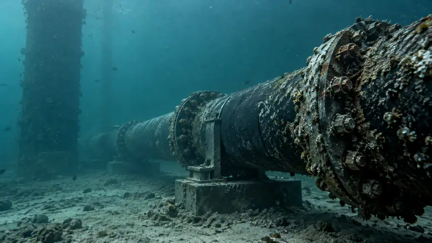 Tubería industrial instalada sobre el lecho marino