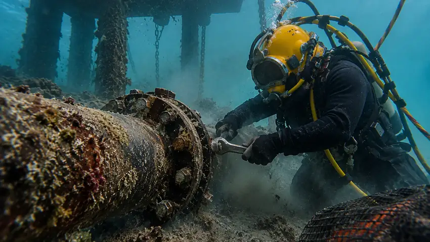 Intervención técnica de buzo sobre una tubería submarina